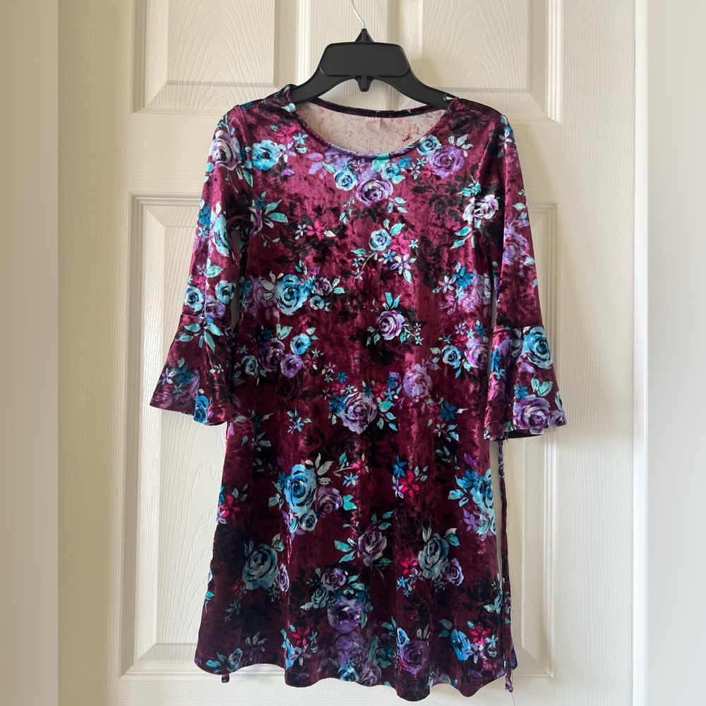 Justice Girls Purple and Blue Velvet Dress with Bell Sleeves